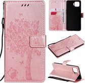 Voor OPPO F17 Pro / Reno4 Lite Tree & Cat Pattern Pressed Printing Horizontale Flip PU lederen tas met houder & kaartsleuven & portemonnee & Lanyard (Rose Gold)