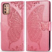 Voor Motorola Moto G9 Plus Vlinder Liefde Bloem Reliëf Horizontale Flip Leren Case met Beugel / Kaartsleuf / Portemonnee / Lanyard (Roze)