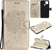 Voor OPPO A15 Boom & Kat Patroon Geperst Afdrukken Horizontale Flip PU Lederen Case met Houder & Kaartsleuven & Portemonnee & Lanyard (Goud)