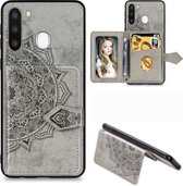 Voor Galaxy A21 Mandala Reliëf Magnetische Doek PU + TPU + PC Case met Houder & Kaartsleuven & Portemonnee & Fotolijst & Riem (Grijs)