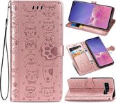 Voor Galaxy S10 Plus Leuke Kat en Hond Reliëf Horizontale Flip Leren Case met Beugel / Kaartsleuf / Portemonnee / Lanyard (Rose Goud)