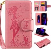 Voor iPhone 11 vrouw en kat reliëf horizontale flip lederen tas, met portemonnee & houder & kaartsleuven & fotolijst & spiegel & lanyard (roze)