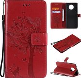 Voor Xiaomi Redmi Note 9 5G Tree & Cat Pattern Pressed Printing Horizontale Flip PU Leather Case met houder & kaartsleuven & portemonnee & Lanyard (rood)