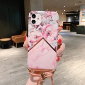 Voor iPhone 12/12 Pro Plating Marble Pattern Soft TPU beschermhoes met schouderriem (Pink Apple Blossom)