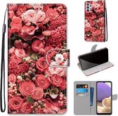 Voor Samsung Galaxy A32 5G Gekleurde Tekening Cross Textuur Horizontale Flip PU Lederen Case met Houder & Kaartsleuven & Portemonnee & Lanyard (Pink Rose Garden)