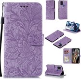 Voor Samsung Galaxy A21s Lace Flower Embossing Pattern Horizontale Flip lederen tas, met houder & kaartsleuven & portemonnee & fotolijst & lanyard (paars)