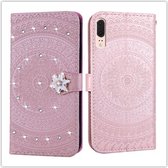 Voor Huawei P20 Geperst Afdrukken Steken boorpatroon Horizontale Flip PU-lederen Case met Houder & Kaartsleuven & Portemonnee & & Lanyard (Roze)
