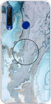 Voor Huawei P Smart + 2019 reliëf gelakt marmer TPU beschermhoes met houder (zilverblauw)