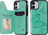 Vlinder reliëfpatroon schokbestendig beschermhoesje met houder & kaartsleuven & fotolijst voor iPhone 12 mini (groen)