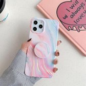 Laser Marble Pattern TPU beschermhoes met opvouwbare houder voor iPhone 11 Pro Max (Pink Floating Cloud)