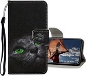 Gekleurde tekening patroon horizontale flip lederen tas met houder & kaartsleuven & portemonnee voor iPhone 12/12 Pro (zwarte kat)