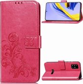 Voor Galaxy A51 vierbladige gesp reliëf gesp mobiele telefoon bescherming lederen tas met lanyard & kaartsleuf & portemonnee & beugel functie (magenta)