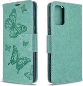 Voor Galaxy S20 Ultra Embossing Two Butterflies Pattern Horizontale Flip PU Leather Case met houder & kaartsleuf & portemonnee & lanyard (groen)