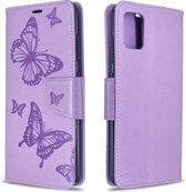 Voor Galaxy A51 Embossing Two Butterflies Pattern Horizontale Flip PU Leather Case met houder & kaartsleuf & portemonnee & lanyard (paars)
