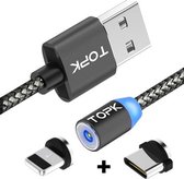 TOPK 2m 2.1A-uitgang USB naar 8-pins + USB-C / Type-C mesh-gevlochten magnetische oplaadkabel met LED-indicator (grijs)