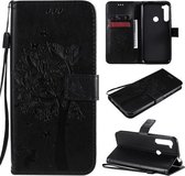 Voor Motorola One Fusion + Tree & Cat Pattern Pressed Printing Horizontale Flip PU lederen tas met houder & kaartsleuven & portemonnee & lanyard (zwart)