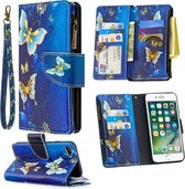 Voor iPhone 8 & 7 Gekleurde tekeningpatroon Rits Horizontale flip lederen hoes met houder & kaartsleuven & portemonnee (gouden vlinder)