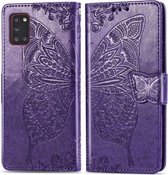 Voor Galaxy A31 Butterfly Love Flower reliëf horizontale flip lederen tas met beugel / kaartsleuf / portemonnee / lanyard (donkerpaars)
