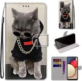 Voor Samsung Galaxy A02s / M02s Gekleurde tekening Cross Texture Horizontale Flip PU lederen tas met houder & kaartsleuven & portemonnee & lanyard (Golden Chain Grey Cat)
