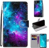 Voor Huawei Honor 9X Lite Gekleurde Tekening Cross Textuur Horizontale Flip PU Lederen Case met Houder & Kaartsleuven & Portemonnee & Lanyard (Paars Groene Sterrenhemel)