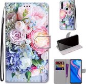 Voor Huawei P smart Z / Y9 Prime Gekleurde Tekening Cross Textuur Horizontale Flip PU Lederen Case met Houder & Kaartsleuven & Portemonnee & Lanyard (Lichtroze Boeket)