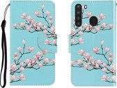 Voor Galaxy A21 Gekleurde tekening Horizontale flip lederen tas met houder & kaartsleuf & portemonnee (Magnolia)