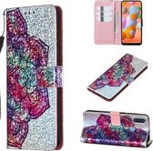 Voor Galaxy A11 - Leren hoesje met glitterpatroon met links en rechts met beugel en kaartsleuf en portemonnee en draagkoord (Datura Flower)