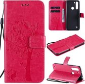 Voor Motorola One Fusion Tree & Cat Pattern Pressed Printing Horizontale Flip PU lederen tas met houder & kaartsleuven & portemonnee & lanyard (Rose Red)