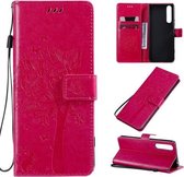 Voor Sony Xperia 1 II Tree & Cat Pattern Pressed Printing Horizontale Flip PU Leather Case met houder & kaartsleuven & portemonnee & Lanyard (Rose Red)