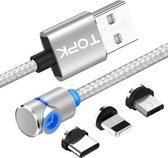 TOPK 2m 2.4A Max USB naar 8-pins + USB-C / Type-C + Micro USB 90 graden elleboog magnetische oplaadkabel met LED-indicator (zilver)