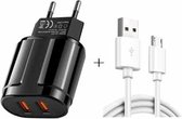 Dubbele USB draagbare reisoplader + 1 meter USB naar micro USB-datakabel, EU-stekker (zwart)