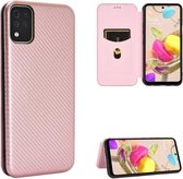 Voor LG K42 Koolstofvezel Textuur Magnetisch Horizontaal Flip TPU + PC + PU lederen tas met kaartsleuf (roze)