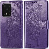 Voor Samsung Galaxy S20 Ultra Butterfly Love Flower Reliëf Horizontale Flip Leren Case met Beugel / Kaartsleuf / Portemonnee / Lanyard (Donkerpaars)