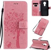 Voor Nokia 7.2 Tree & Cat Pattern Pressed Printing Horizontale Flip PU Leather Case met houder & kaartsleuven & portemonnee & Lanyard (roze)