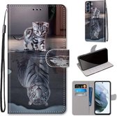 Voor Samsung Galaxy S21 FE Gekleurde Tekening Cross Textuur Horizontale Flip PU Lederen Case met Houder & Kaartsleuven & Portemonnee & Lanyard (Kat Wordt Tijger)