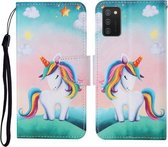 Voor Samsung Galaxy A02s (EU-versie) Gekleurd tekeningpatroon Horizontaal leren flip-hoesje met houder & kaartsleuven & portemonnee & lanyard (Rainbow Unicorn)