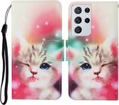 Voor Samsung Galaxy S21 Ultra 5G Gekleurde Tekening Patroon Horizontale Flip Leren Case met Houder & Kaartsleuven & Portemonnee & Lanyard (Scheel Kat)