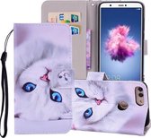 Witte Kat Patroon Gekleurde Tekening Horizontale Leren Flip Case voor Huawei P Smart / Enjoy 7S, met Houder & Kaartsleuven & Portemonnee & Lanyard