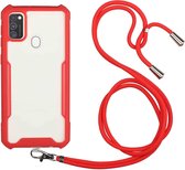 Voor Samsung Galaxy A21s acryl + kleur TPU schokbestendig hoesje met nekkoord (rood)