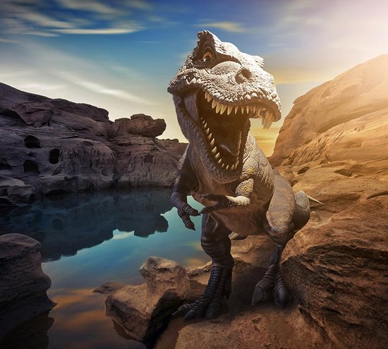 Dinosaurus T- Rex au bord d'un lac, sur fotobehang (350 x 260 cm op rol)