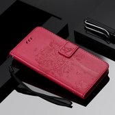 Voor Xiaomi Mi 10 Lite / Mi 10 Lite 5G Tree & Cat Reliëfpatroon Horizontale Flip lederen tas met houder & kaartsleuven & portemonnee & Lanyard (Rose Red)