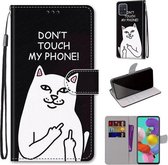 Voor Samsung Galaxy A51 Gekleurde Tekening Cross Textuur Horizontale Flip PU Lederen Case met Houder & Kaartsleuven & Portemonnee & Lanyard (Middelvinger Witte Kat)