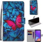 Voor Samsung Galaxy A7 2018 Gekleurde tekening Cross Texture Horizontale Flip PU lederen tas met houder & kaartsleuven & portemonnee & lanyard (grote rode vlinder op blauw)