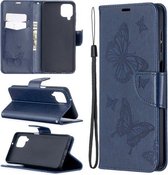 Voor Samsung Galaxy A12 Twee Vlinders Embossing Patroon Horizontale Flip Leren Case met Houder & Kaartsleuf & Portemonnee & Lanyard (Donkerblauw)