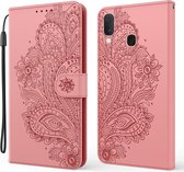 Voor Samsung Galaxy A40 Pauw Reliëfpatroon Horizontale Flip Leren Case met Houder & Kaartsleuven & Portemonnee & Lanyard (Roze)