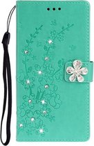 Voor Galaxy A20s Plum Blossom Pattern Diamond Encrusted Leather Case met houder & kaartsleuven & portemonnee (groen)