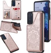 Voor Samsung Galaxy S20 FE 5G bloem reliëf patroon schokbestendig beschermhoes met houder & kaartsleuven & fotolijst (rose goud)