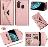 Voor Samsung Galaxy A21 Skin Feel Rits Horizontale Flip Leren Case met Houder & Kaartsleuven & Fotolijst & Lanyard & Lang Touw (Rose Goud)