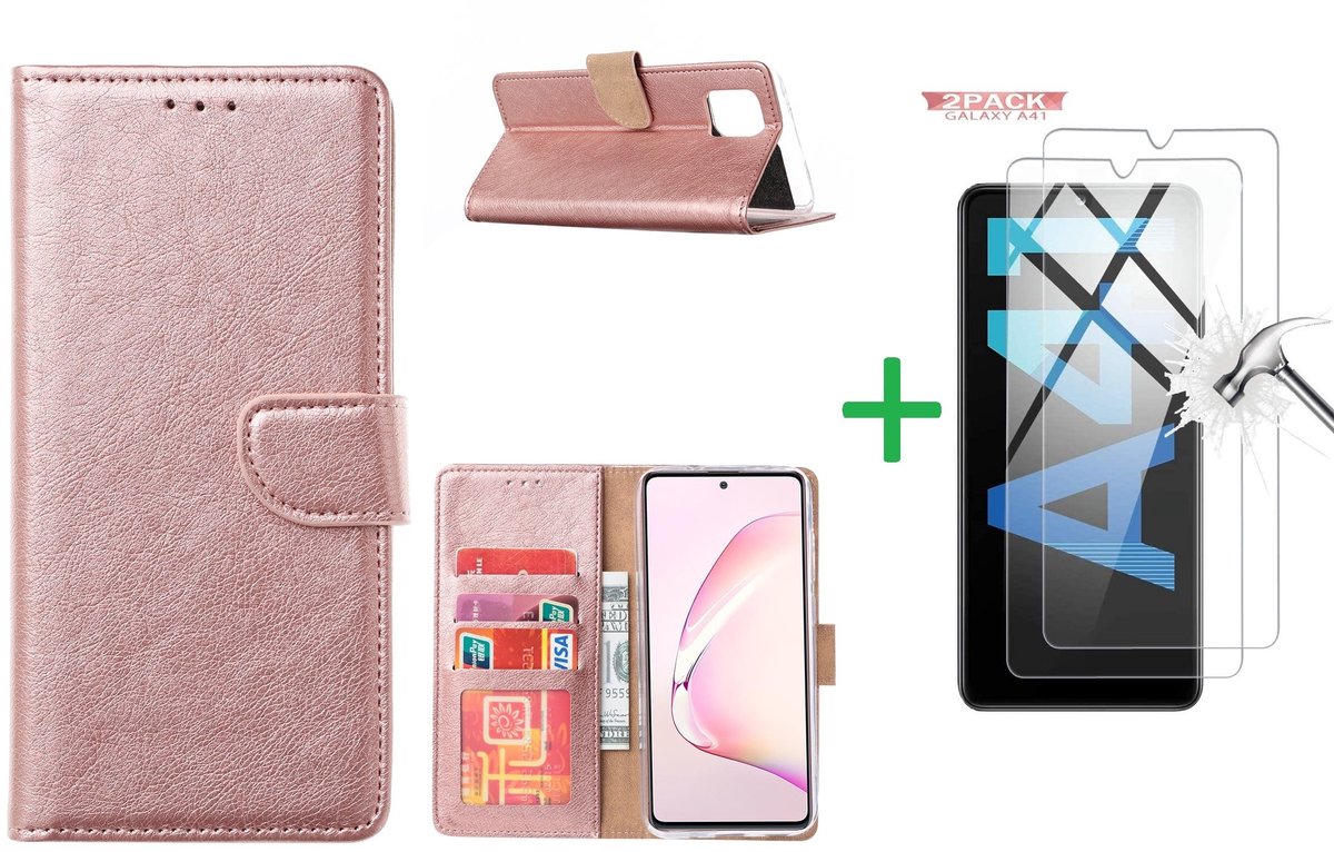 Hoesje Geschikt Voor Samsung Galaxy A41 Boek hoesje + 2X Screenprotector Rose Goud