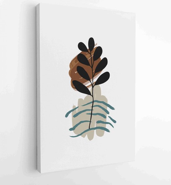 Botanical wall art vector set. Earth tone boho foliage line art drawing ...